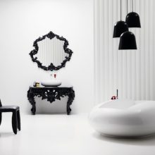 Ideas Bisazza Bagno Collection Black Chair Classic Table Beautiful-Black-Glossy-Table-with-Red-Faucet-Design