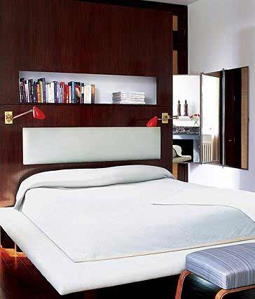 Bookcase Headboard Low Profile Bed Padded Footstool Modern Wall Light Bedroom