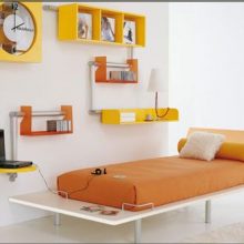 Bedroom Bright White Beadboard Modern Divan Box Bookshelf Yellow Wall Bars Minimalist-orange-drawer-Colorful-kid-bedroom-Artistic-ball-pendant-lamp-Lacquered-wooden-desk