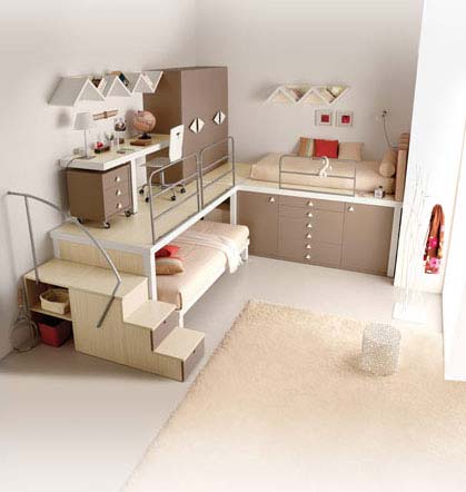 Kids Room Large-size Calm Kid Bedroom Cream Fur Rug Soft Loft Bed Innovative Wall Bars Kids Room