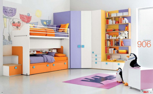Colorful Kid Bedroom Penguin Dolls Futuristic Bunk Beds Colorful Racks Kids Room