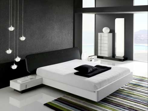 ELegant Black Headboard Low Profile Bed Stripes Pattern Carpet Unique Bulb Pendants1 Bedroom