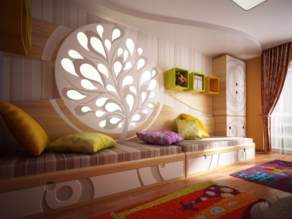 Floral Headboard Minimalist Bed Laminate Flooring Wall Box Shelves 1 Kids Room
