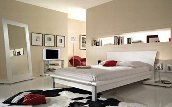 Futuristic Designed Bed White Bed Cover Big Mirror Red Pillows Bedroom