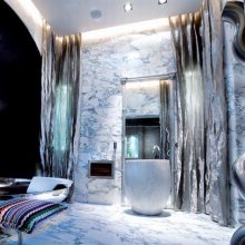 Interior Design Futuristic Tile Futuristic Sink Colorful Pillow Silver Color Curtain black-sink-chair-Wall-lamp-Bathtube