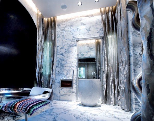 Interior Design Futuristic Tile Futuristic Sink Colorful Pillow Silver Color Curtain Beautiful and Diverse Interiors to Get Your Room More Beautiful