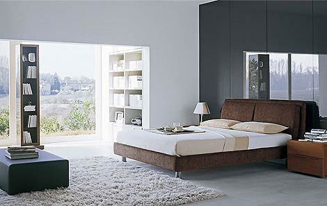 Bedroom Large-size Glass Wall Low Profile Bed Glossy Dark Wardrobe White Fur Rug Bedroom