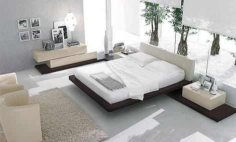 Glass Wall Low Profile Bed White Fur Rug Artistic Pendant Lamp Bedroom