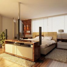 Bedroom Glossy Wooden Floor Modern Bedroom Design Simple Lamp Modern-Bedroom-Design-simple-table-side-glass-window