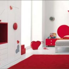 Bedroom Heart Shaped Decoration Red Carpet Floral Upholstered Chair Parallelogram Bookcase Minimalist-orange-drawer-Colorful-kid-bedroom-Artistic-ball-pendant-lamp-Lacquered-wooden-desk