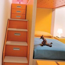 Kids Room Kids Bedroom Orange Stairs Red Unique Lamp Yellow Pillow Purple-Bedroom-Glass-Door-Wood-Flooring-Purple-Cabinets-Bookcase