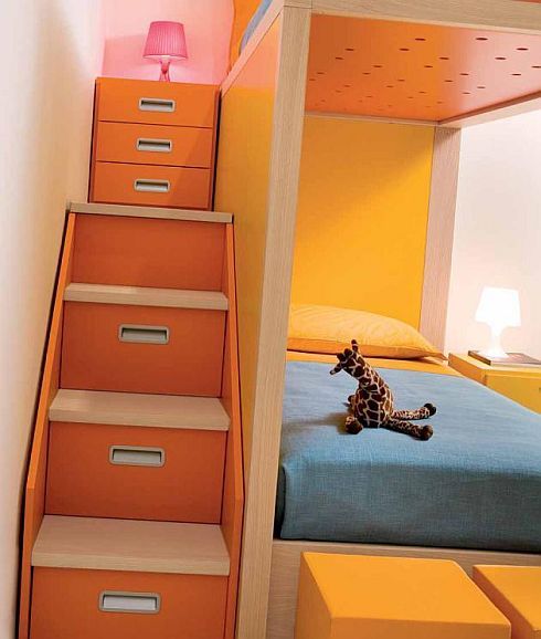 Kids Room Kids Bedroom Orange Stairs Red Unique Lamp Yellow Pillow Children’s Bedroom Designed in Assorted Color Furniture