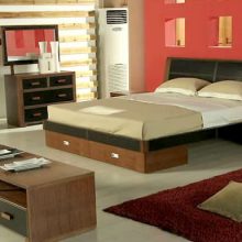 Bedroom Lacquered Wood Drawer Simple Bed Frame Red Fur Rug Wood Wall Ornament Padded-headboard-Ball-table-lamp-Inspiring-wall-decoration