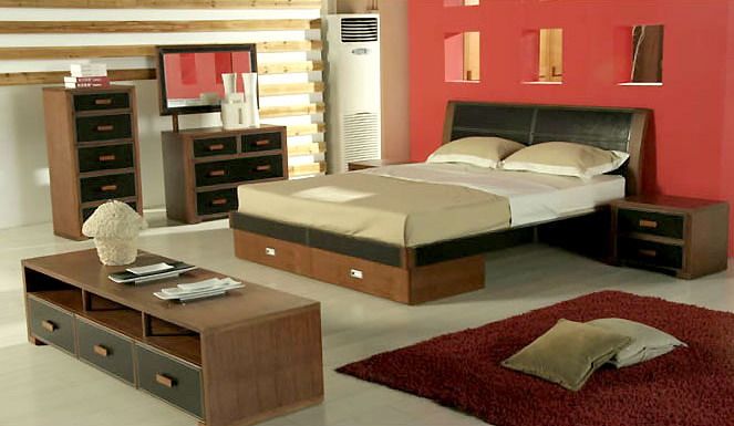 Bedroom Lacquered Wood Drawer Simple Bed Frame Red Fur Rug Wood Wall Ornament Extraordinary Idea for Bedroom Inspiration