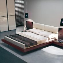 Bedroom Low Profile Bed Padded Headboard Glossy White Wardrobe Tube Pendant Lamps Red-fur-rug-Low-profile-bed-Elegant-dressing-table-Venetian-blinds