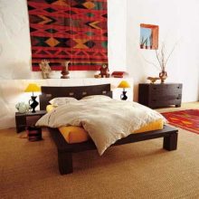 Bedroom Low Profile Bed Tribal Wall Mural Unique Table Lamps Open-plan-bedroom-Circle-pattern-carpet-Drum-table-lamp