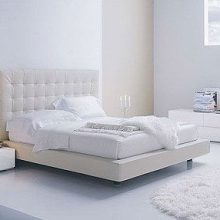 Bedroom Low Profile Bed Tufted Bed Headboard Round Fur Rug Drum Table Lamp Glass-wall-Low-profile-bed-Glossy-dark-wardrobe-White-fur-rug