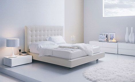 Bedroom Low Profile Bed Tufted Bed Headboard Round Fur Rug Drum Table Lamp Bedroom Design Brings Out Modern Furniture in Unusual Look