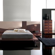 Bedroom Low Profile Bed Wall Mounted Headboard Wood Drawer Red-fur-rug-Low-profile-bed-Elegant-dressing-table-Venetian-blinds