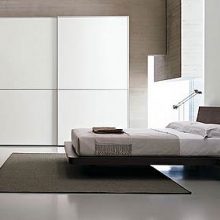 Bedroom Low Profile Bed White Wardrobe Dark Brown Drawer Artistic Wall Decoration Glass-wall-Low-profile-bed-Glossy-dark-wardrobe-White-fur-rug