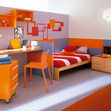 Bedroom Minimalist Orange Drawer Colorful Kid Bedroom Artistic Ball Pendant Lamp Lacquered Wooden Desk Black-fur-rug-Sectional-table-lamp-Low-profile-bed-Innovative-wall-decoration
