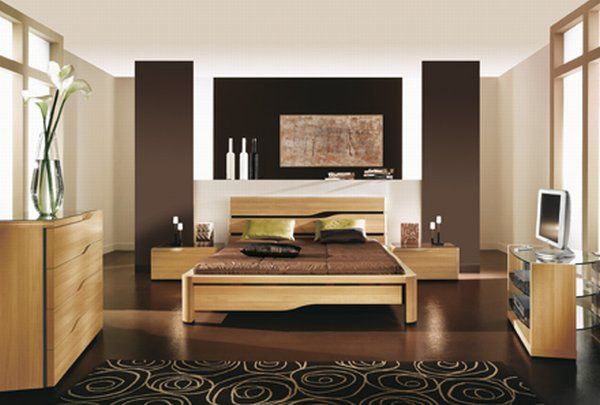 Modern Bed Brown Bed Sheet Brown Rugs Natural Wood Colored Drawer Bedroom
