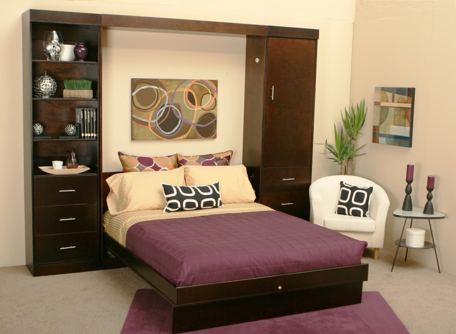 Bedroom Murphy Beds For Smaller Living Spaces Purple Bedcover 915x670 Convenient Murphy Beds for Neat Rooms