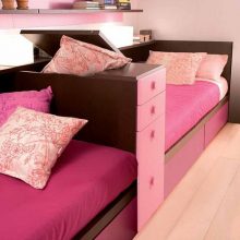 Kids Room Purple Bedroom Bookcase Wood Flooring Purple Blanket White-Stairs-Glass-Window-Boocase-Wooden-Closet-
