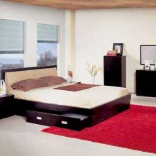Bedroom Red Fur Rug Low Profile Bed Elegant Dressing Table Venetian Blinds Low-profile-bed-Padded-headboard-Glossy-white-wardrobe-Tube-pendant-lamps
