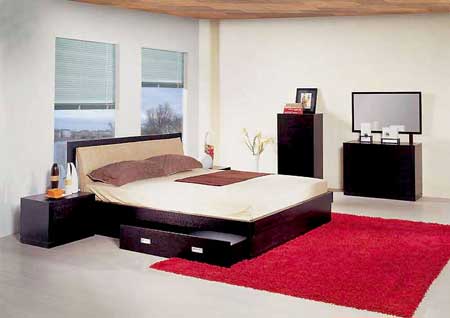 Red Fur Rug Low Profile Bed Elegant Dressing Table Venetian Blinds Bedroom
