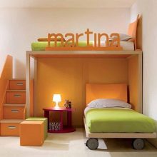 Kids Room Unique Lamp Green Attic Orange Stairs White Wall Purple-Bedroom-Bookcase-Wood-Flooring-Purple-Blanket