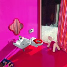 Bathroom Amusing Colourful Childrens Bathroom Sink Toilet Design Ideas astounding-colourful-children-bathroom-Ideas-red-wall-single-shelf-utilities-fat-crescent-mirror
