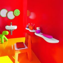 Bathroom Astounding Colourful Children Bathroom Ideas Red Wall Single Shelf Utilities Fat Crescent Mirror appealing-colourful-childrens-bathroom-by-laufen-pink-wall-toothbrush