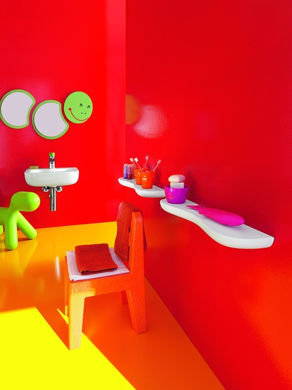 Astounding Colourful Children Bathroom Ideas Red Wall Single Shelf Utilities Fat Crescent Mirror Bathroom