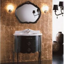 Bathroom Classy And Luxurious Bathroom Furniture Black Drawers furniture-creame-wall-small-mirror-white-towel-white-rug