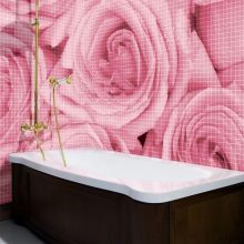 Bathroom Flower Wall Design Dark Brown Tub Frame Bathroom heart-pixiled-pattern-bathroom-wall-descor-round-white-tub