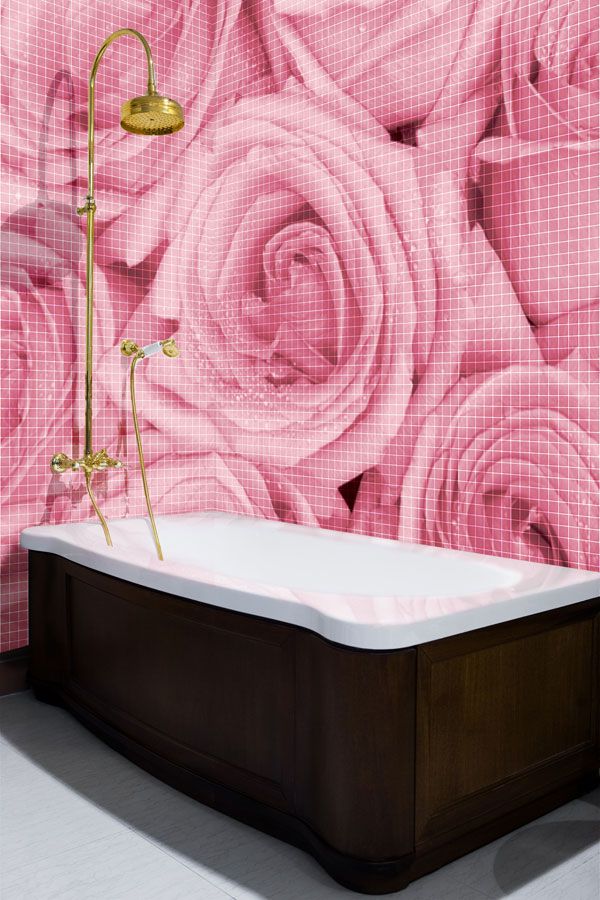Flower Wall Design Dark Brown Tub Frame Bathroom Bathroom