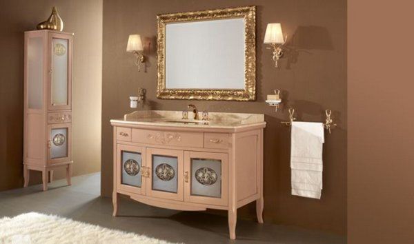 Furniture Creame Wall Small Mirror White Towel White Rug Bathroom