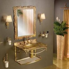 Bathroom Grey Classy Wall Small Mirror Gold Glossy Floor ornamental-plants-white-floor-small-mirror-classic-drawer