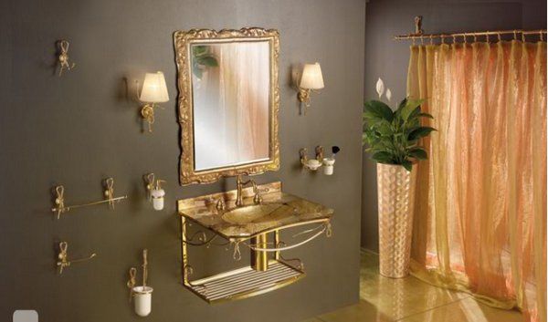 Bathroom Grey Classy Wall Small Mirror Gold Glossy Floor Luxurious Bathroom Design with Elegance Look