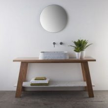 Bathroom Grey Floor White Sink White Wall grey-marble-sink-grey-wall-small-round-mirror-wooden-table