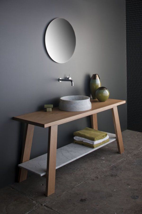 Grey Marble Sink Grey Wall Small Round Mirror Wooden Table Bathroom