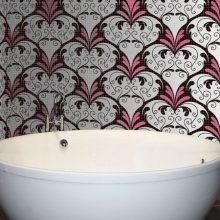 Bathroom Heart Pixiled Pattern Bathroom Wall Descor Round White Tub river-view-pixeled-bathroom-wall-ideas-boat-tub-design