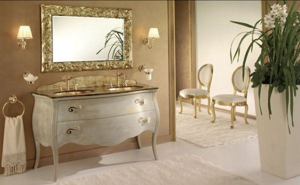 Bathroom Ornamental Plants White Floor Small Mirror Classic Drawer Luxurious Bathroom Design with Elegance Look