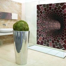 Bathroom Pixeled Hole Wall Decor Modern Bathroom Design flower-wall-design-dark-brown-tub-frame-bathroom