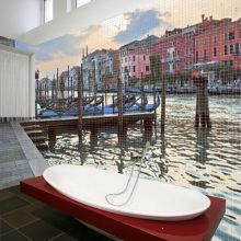 Bathroom River View Pixeled Bathroom Wall Ideas Boat Tub Design flower-wall-design-dark-brown-tub-frame-bathroom