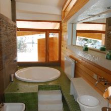 Bathroom Suite Bathroom Design White Sink White Ceiling white-bathtub-white-sink-stone-floor-grey-wall-small-round-mirror