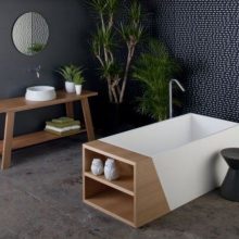 Bathroom White Bathtub White Sink Stone Floor Grey Wall Small Round Mirror grey-marble-sink-wooden-table-white-wall
