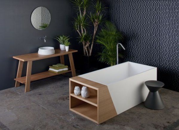 Bathroom White Bathtub White Sink Stone Floor Grey Wall Small Round Mirror White Bathroom Design with Exclusive Impression