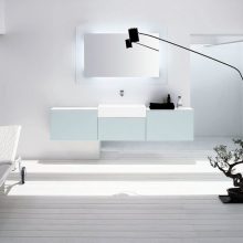 Bathroom White Chairs White Wall White Floor Small Mirror 915x610 white-ceiling-stell-faucet-white-towel